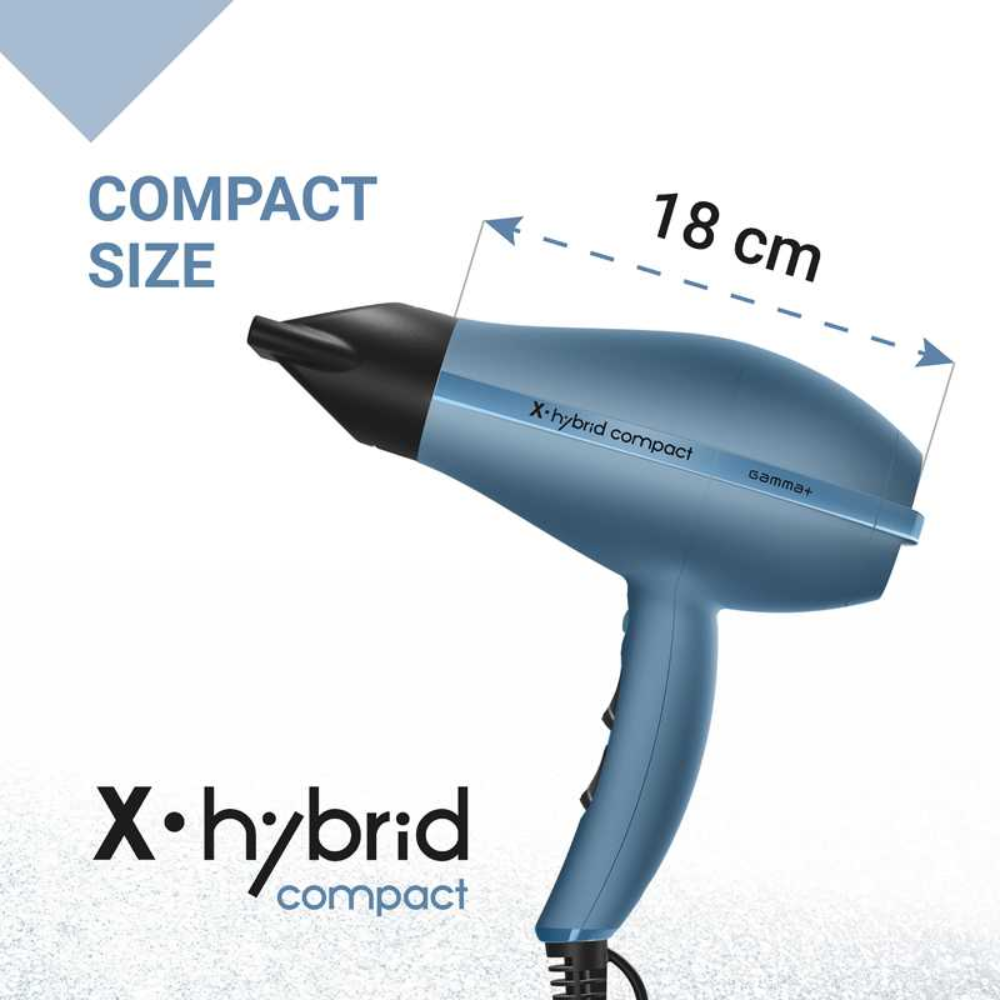 Gamma+ X·Hybrid Compact asciugacapelli professionale compatto 18 cm con griglia in tormalina e accessori inclusi