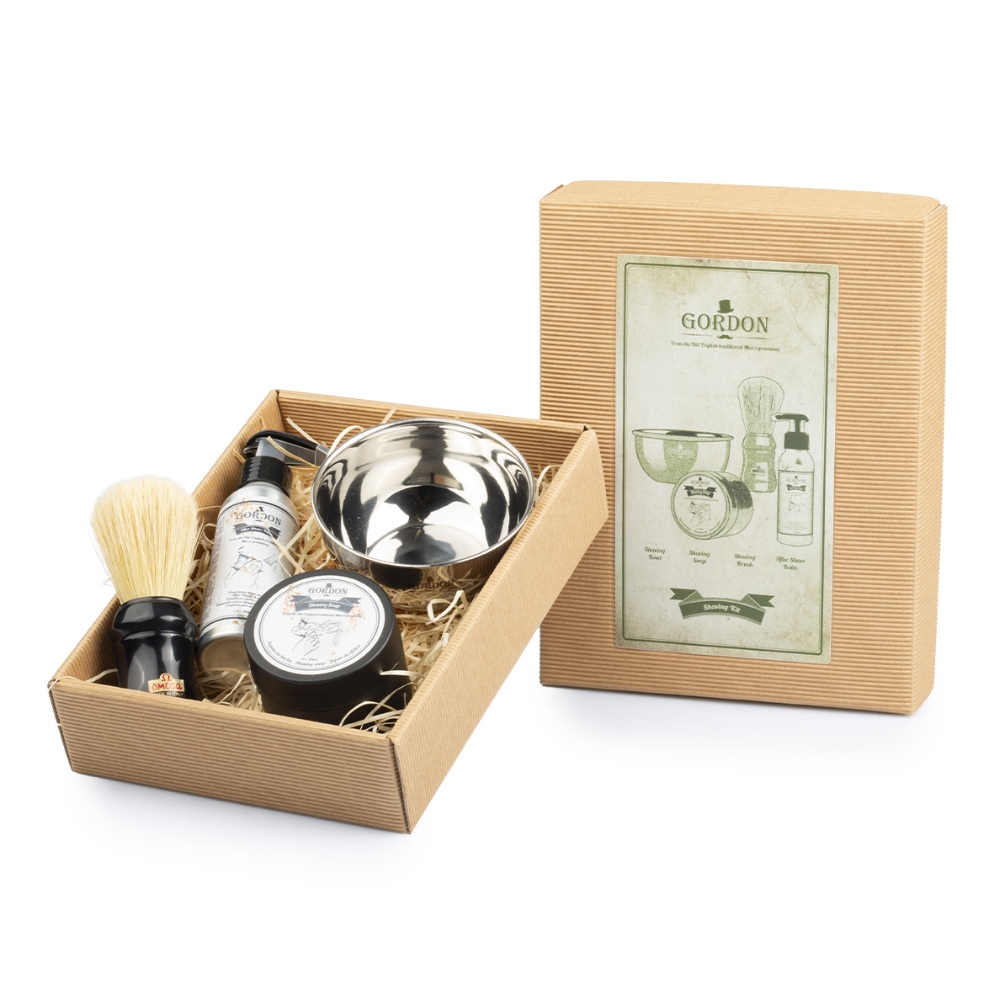 Set rasatura uomo Gordon con sapone, ciotola inox, pennello Omega ed emulsione dopobarba – idea regalo uomo