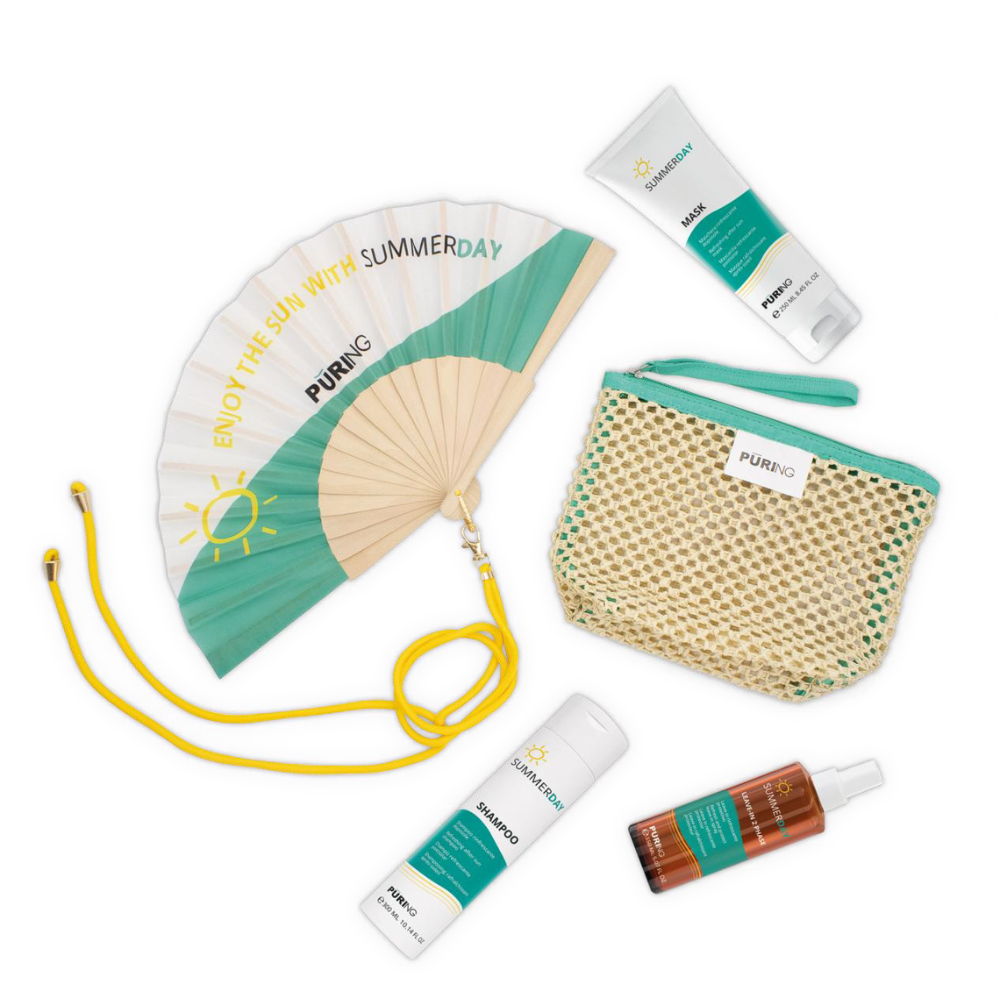 Puring Summerday Kit Solare 2025 shampoo, mask, spray, ventaglio e borsa